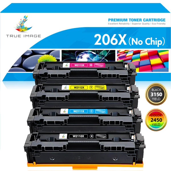 TRUE IMAGE 4-Pack 206X Toner Without Chip Compatible Toner Cartridge for HP 206X 206A W2110A W2110X Color Laserjet Pro M255dw MFP M283fdw M283cdw M283 M255 Printer Ink (Black,Cyan,Yellow,Magenta)